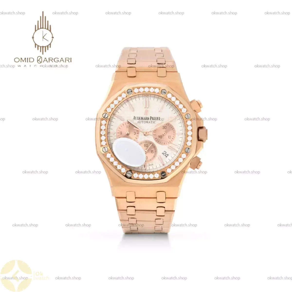 ساعت مچی اودمار پیگه کرونوگراف دور نگین رزگلد صفحه سفید Audemars Piguet