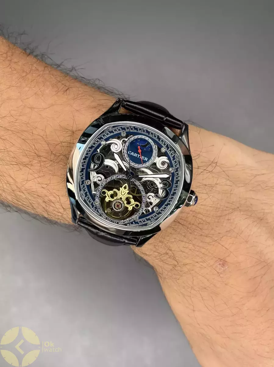 ساعت مچی کارتیه صفحه اسکلتون بند چرمی مشکی Cartier