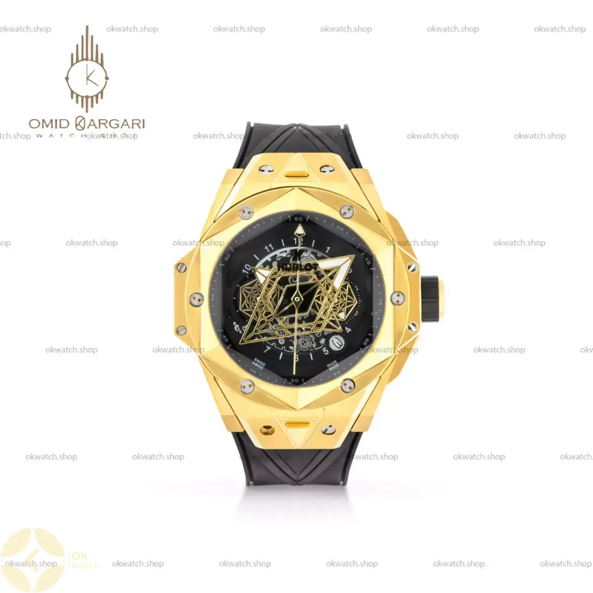 ساعت مچی هابلوت  صفحه کهکشانی بند مشکی قاب طلایی Hublot Big Bang Unico Sang Bleu ii King Gold