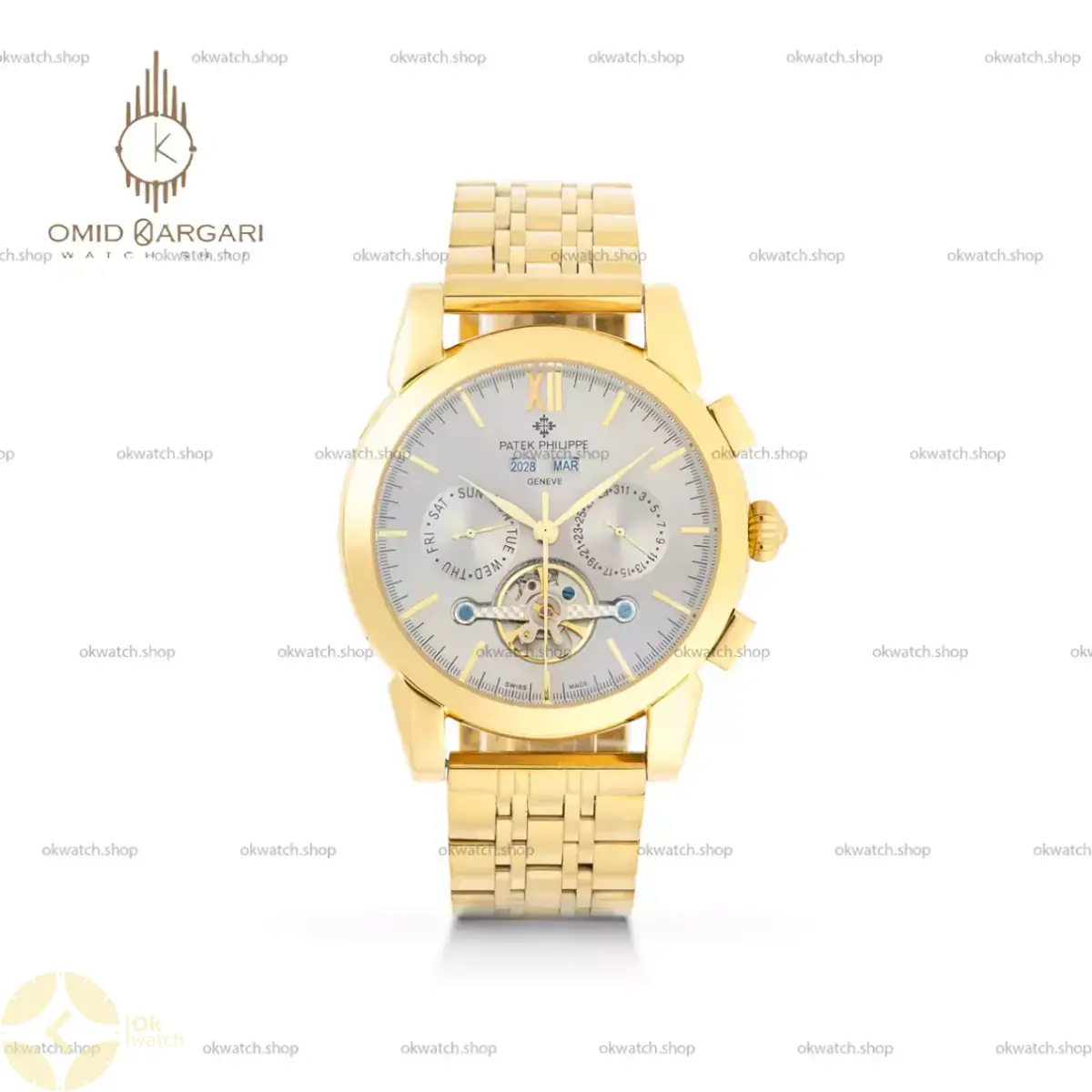ساعت مچی پتک فیلیپ فول دیت بند طلایی صفحه طوسی Patek Philippe