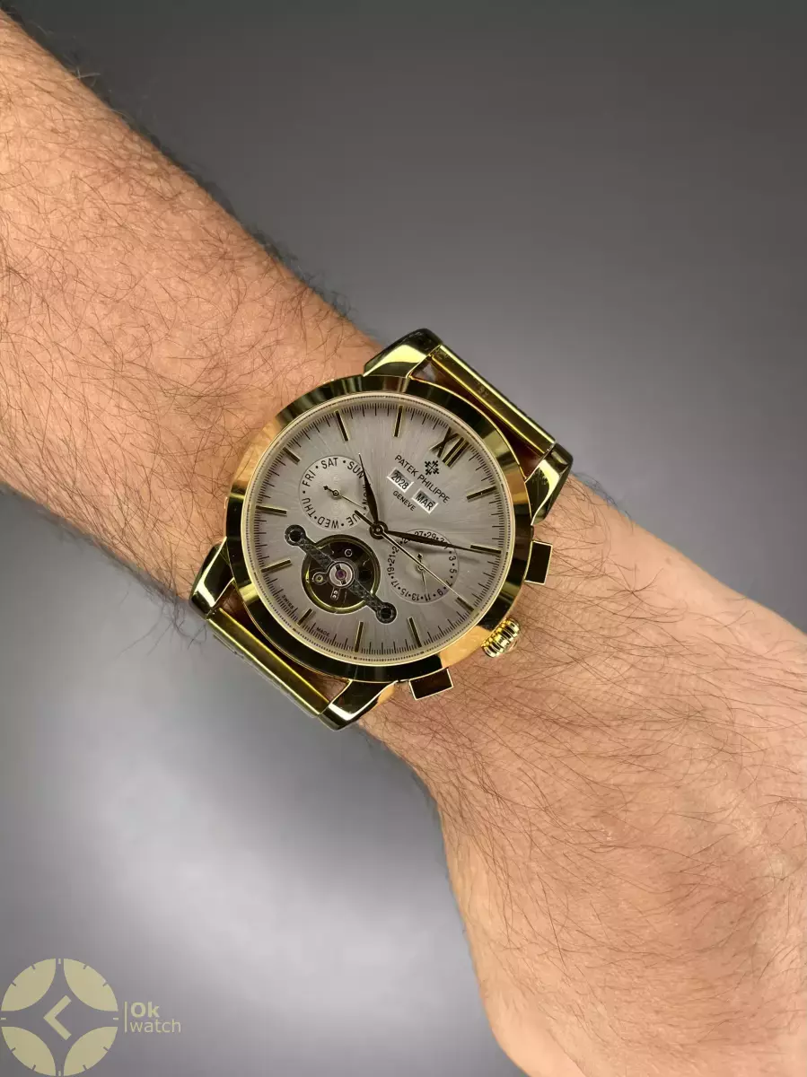 ساعت مچی پتک فیلیپ فول دیت بند طلایی صفحه طوسی Patek Philippe