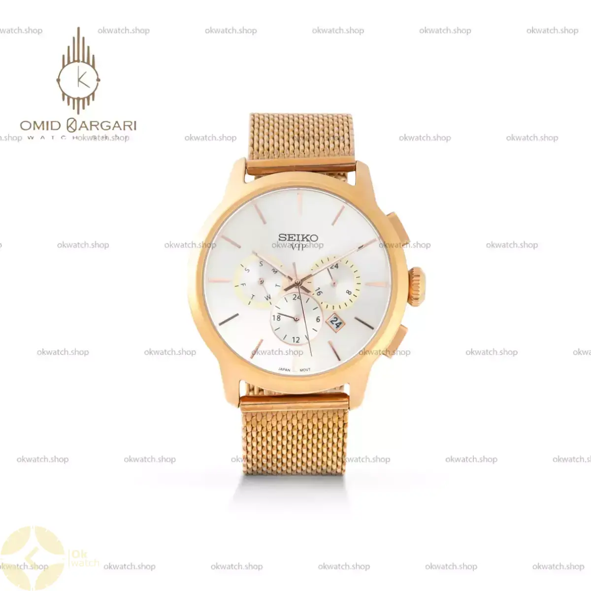 ساعت مچی سیکو فول دیت بند حصیری رزگلد صفحه سفید Seiko