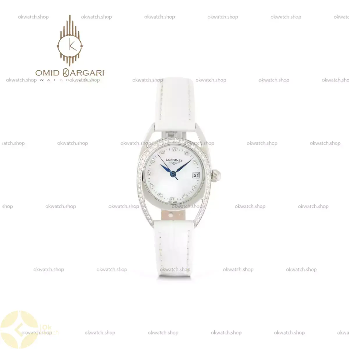 ساعت مچی لونژین بند چرمی سفید قاب دورنگین Longines