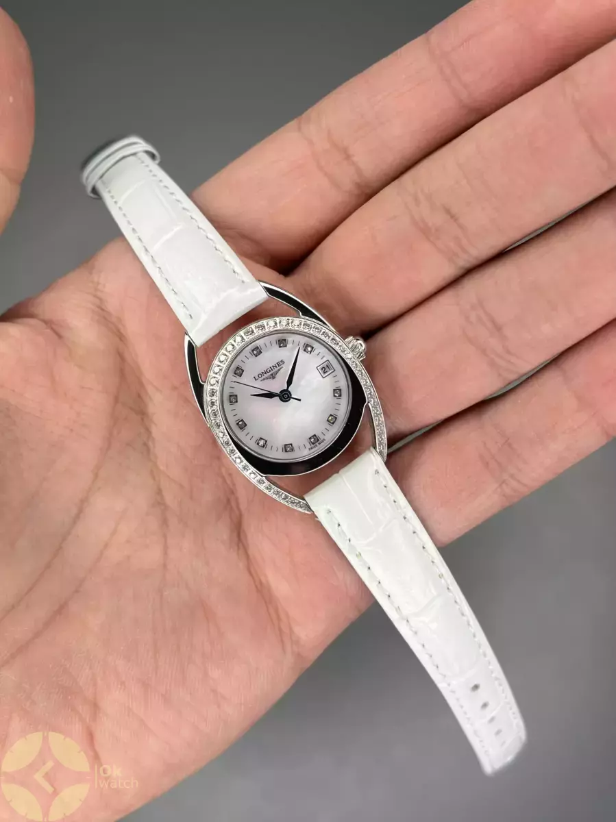 ساعت مچی لونژین بند چرمی سفید قاب دورنگین Longines
