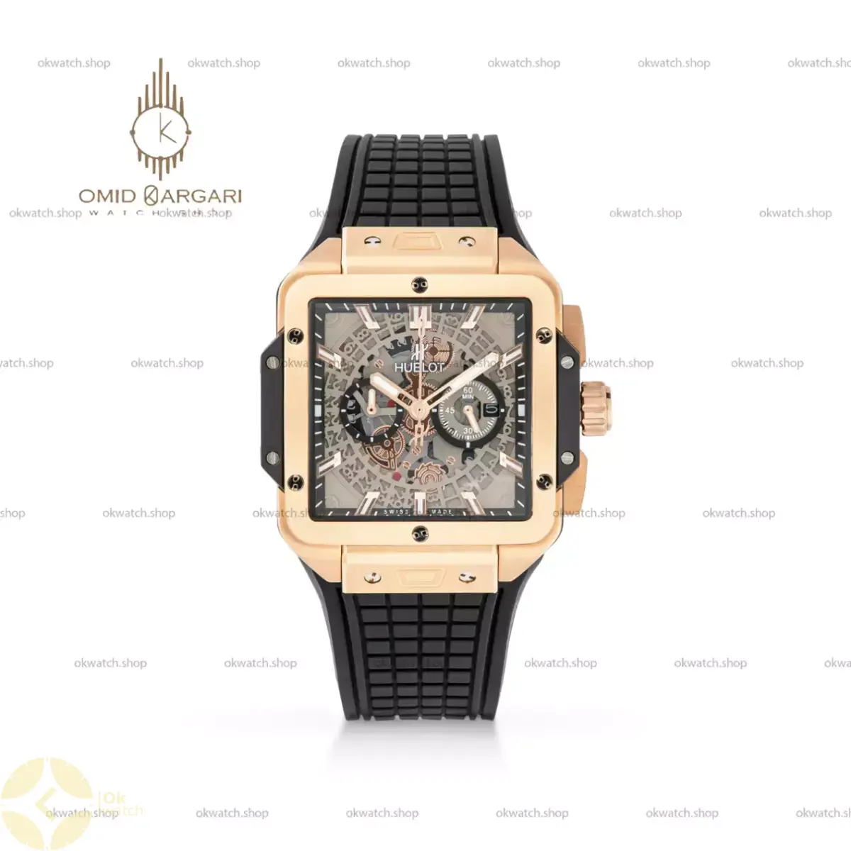 ساعت مچی اوبلو بند صفحه مربعی بند مشکی Hublot Square Bang Unico