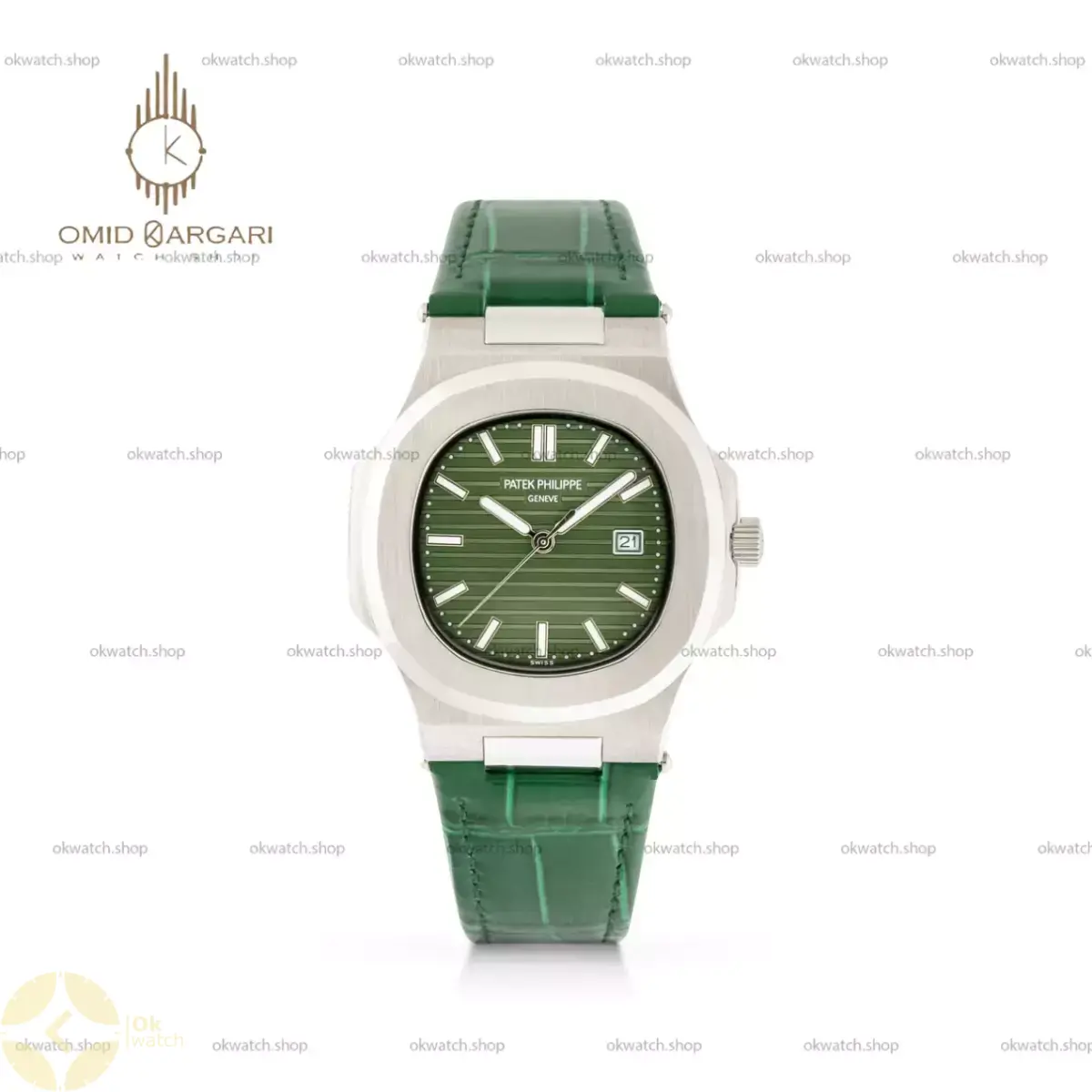 ساعت مچی پتک فیلیپ ناتیلوس بند چرمی سبز Patek Philippe Nautilus