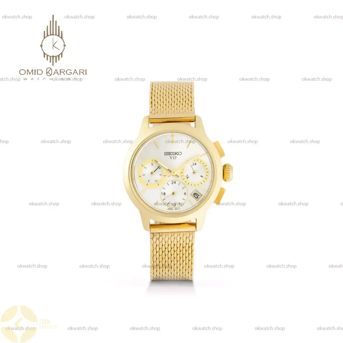 ساعت مچی سیکو فول دیت بند حصیری طلایی صفحه سفید Seiko VIP