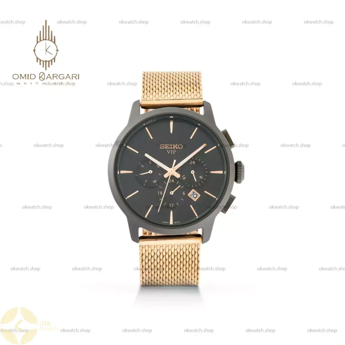 ساعت مچی سیکو فول دیت بند حصیری رزگلد صفحه مشکی Seiko VIP