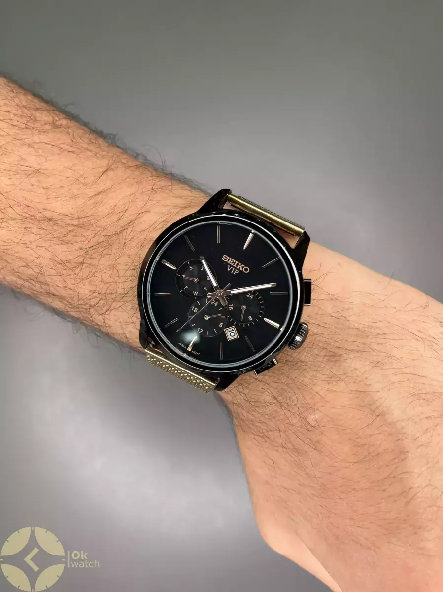 ساعت مچی سیکو فول دیت بند حصیری رزگلد صفحه مشکی Seiko VIP