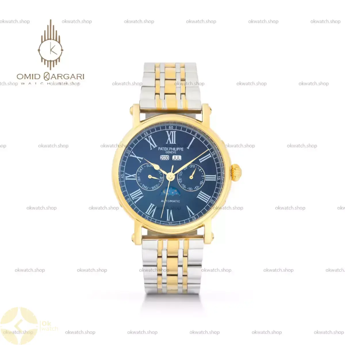 ساعت مچی پتک فیلیپ فول دیت سیلورطلایی صفحه آبی Patek Philippe