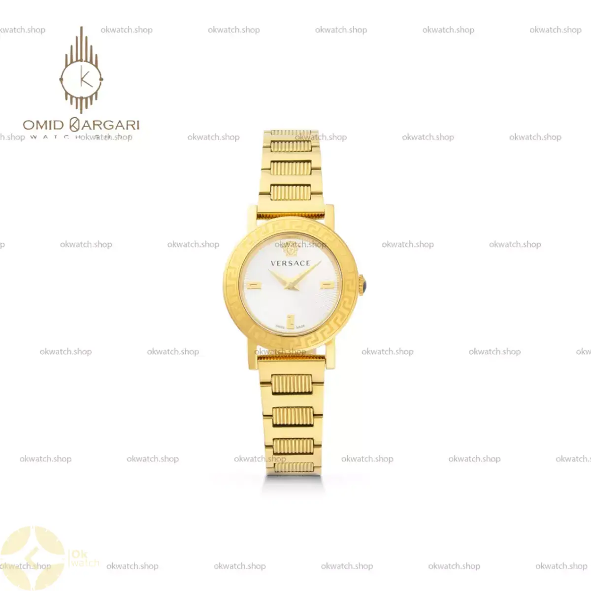 ساعت مچی ورساچه دورحکاکی بند طلایی صفحه سفید Versace