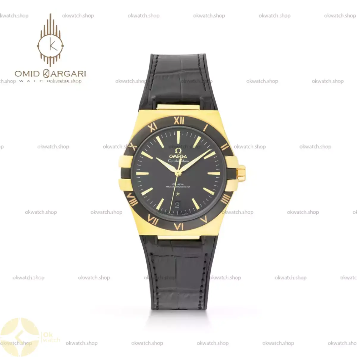 ساعت مچی امگا کانستلیشن بند مشکی قاب طلایی Omega Constellation