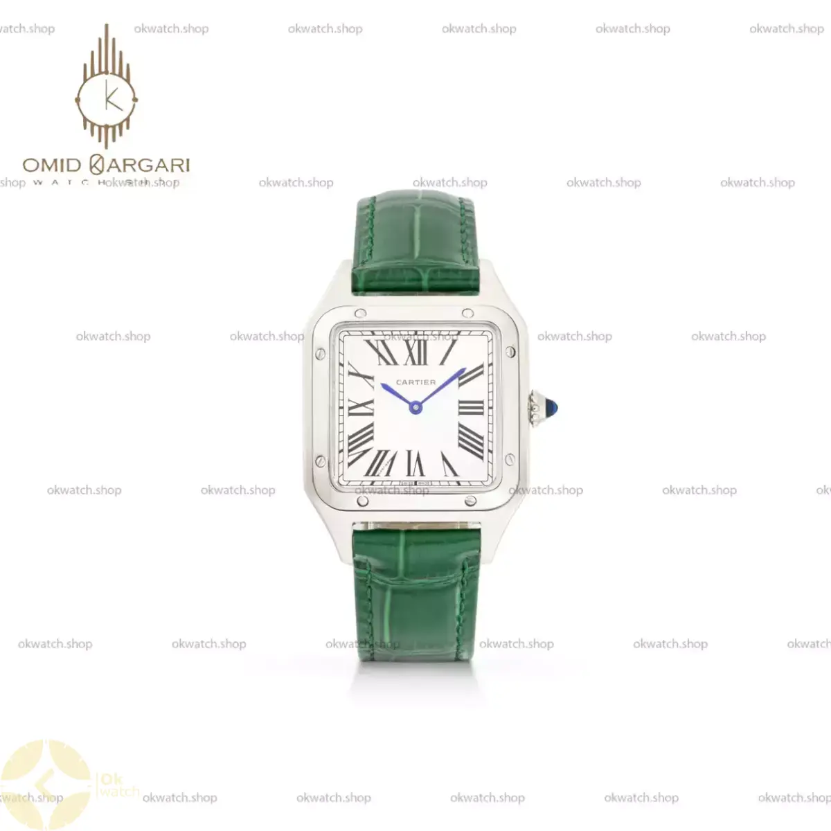 ساعت مچی کارتیه دومونت بند چرمی سبز صفحه سفید Cartier