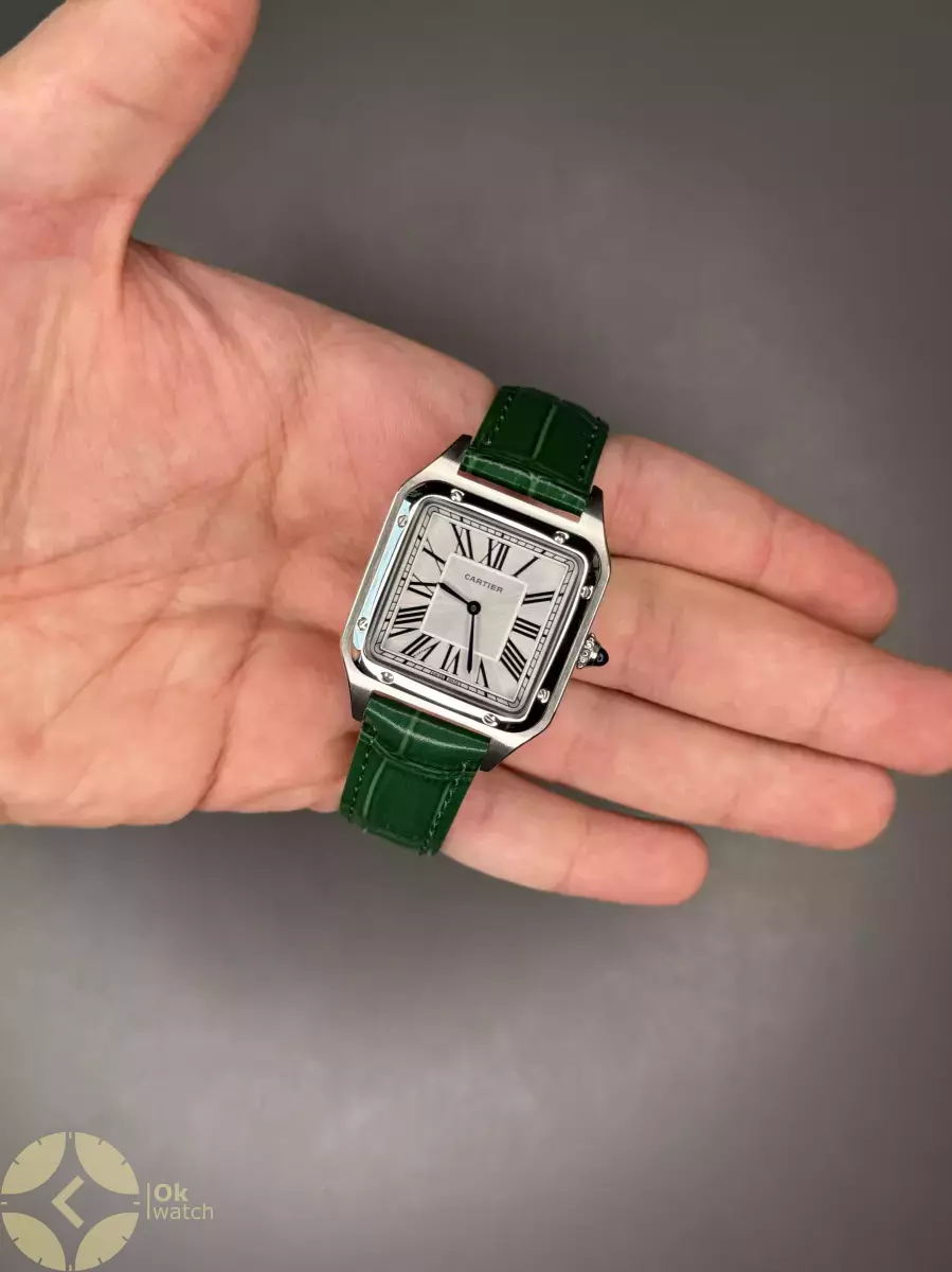 ساعت مچی کارتیه دومونت بند چرمی سبز صفحه سفید Cartier
