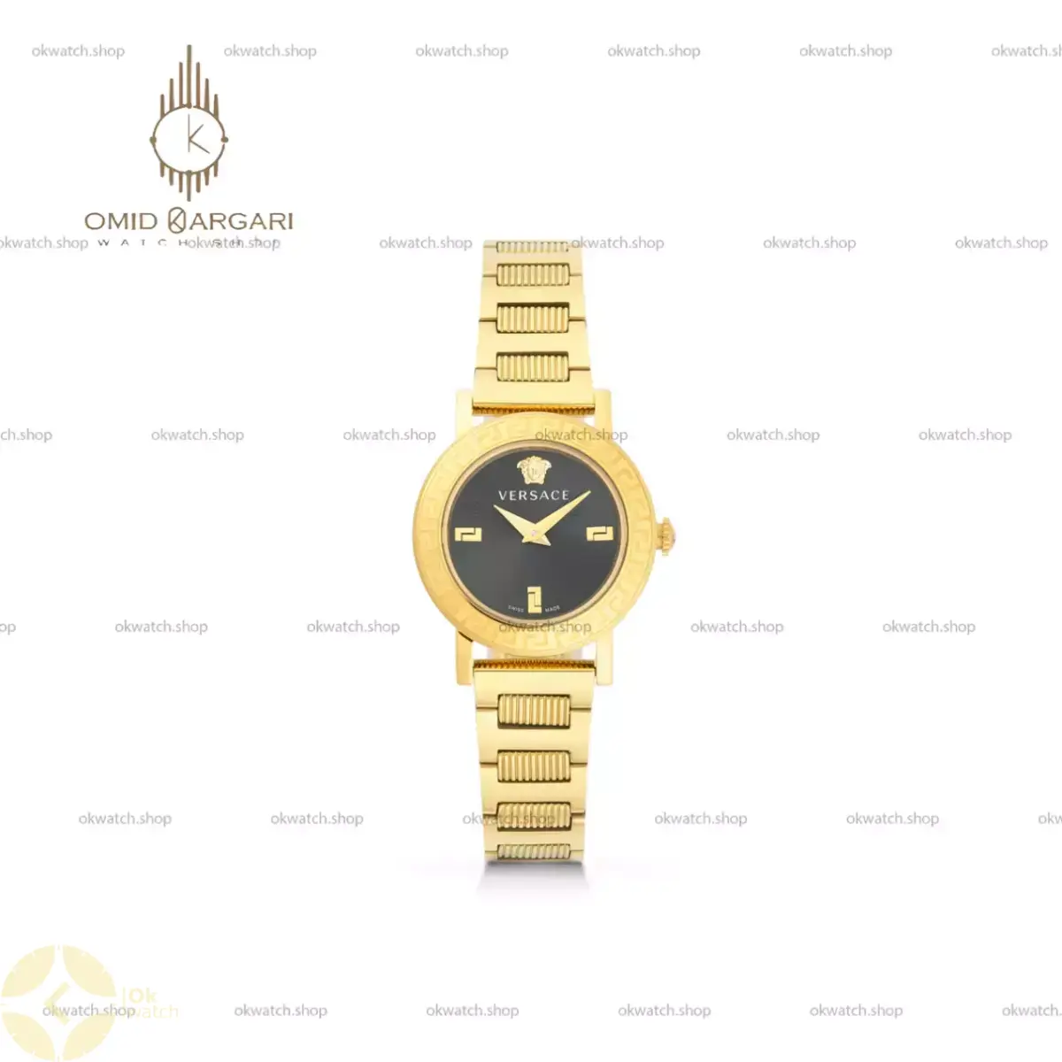 ساعت مچی ورساچه دورحکاکی بند طلایی صفحه مشکی Versace