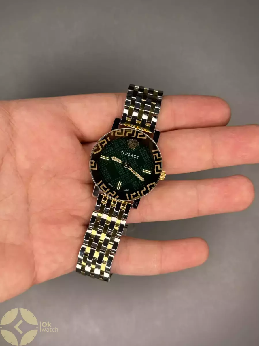 ساعت مچی ورساچه دورحکاکی بند سیلورطلایی صفحه سبز Versace