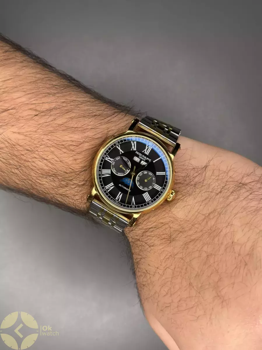 ساعت مچی پتک فیلیپ فول سیلورطلایی صفحه مشکی Patek Philippe