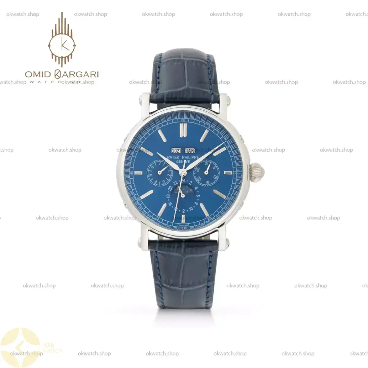 ساعت مچی پتک فیلیپ فول دیت بند چرمی مشکی صفحه آبی Patek Philippe