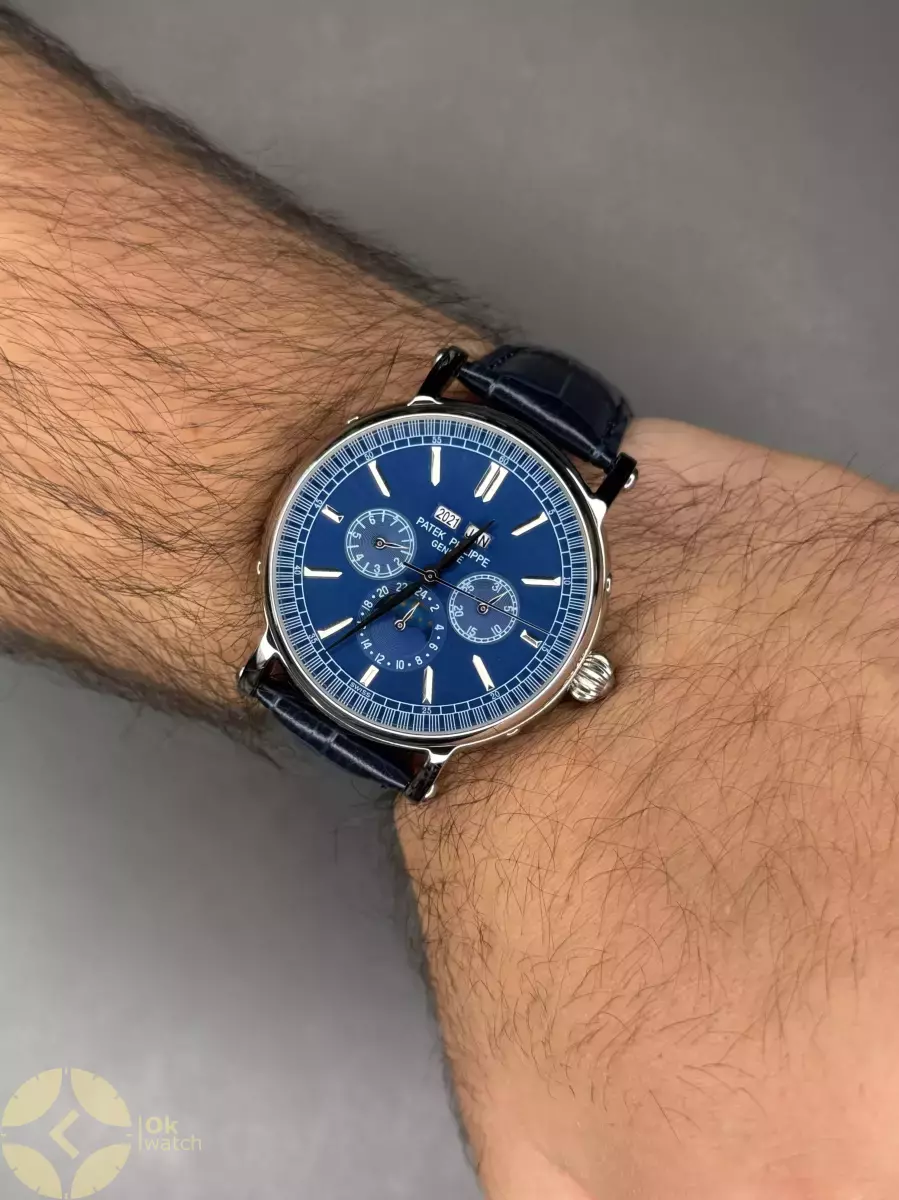 ساعت مچی پتک فیلیپ فول دیت بند چرمی مشکی صفحه آبی Patek Philippe