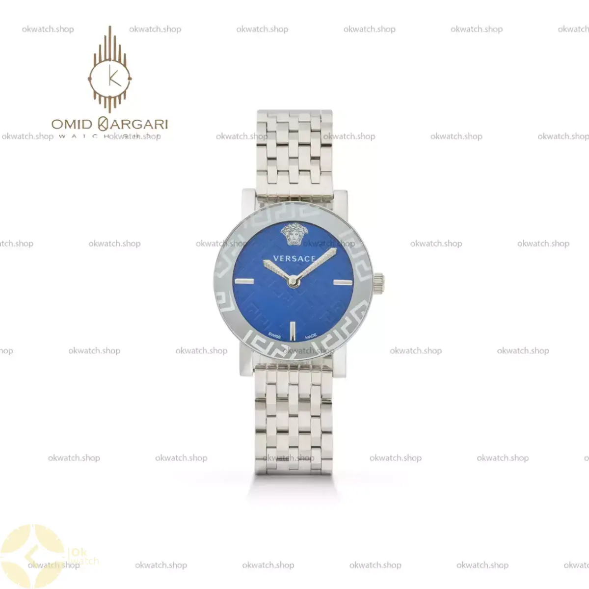 ساعت مچی ورساچه دورحکاکی بند سیلور صفحه آبی Versace