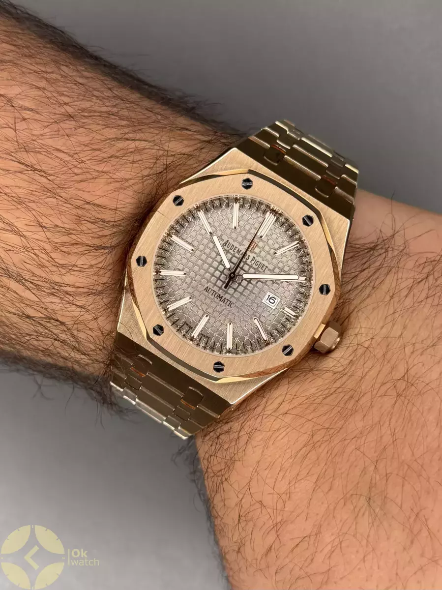 ساعت مچی اودمار پیگه باتری بند رزگلد صفحه طوسی Audemars Piguet