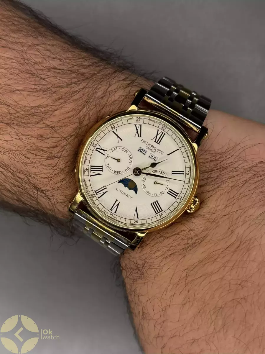 ساعت مچی پتک فیلیپ فول دیت سیلورطلایی صفحه سفید Patek Philippe