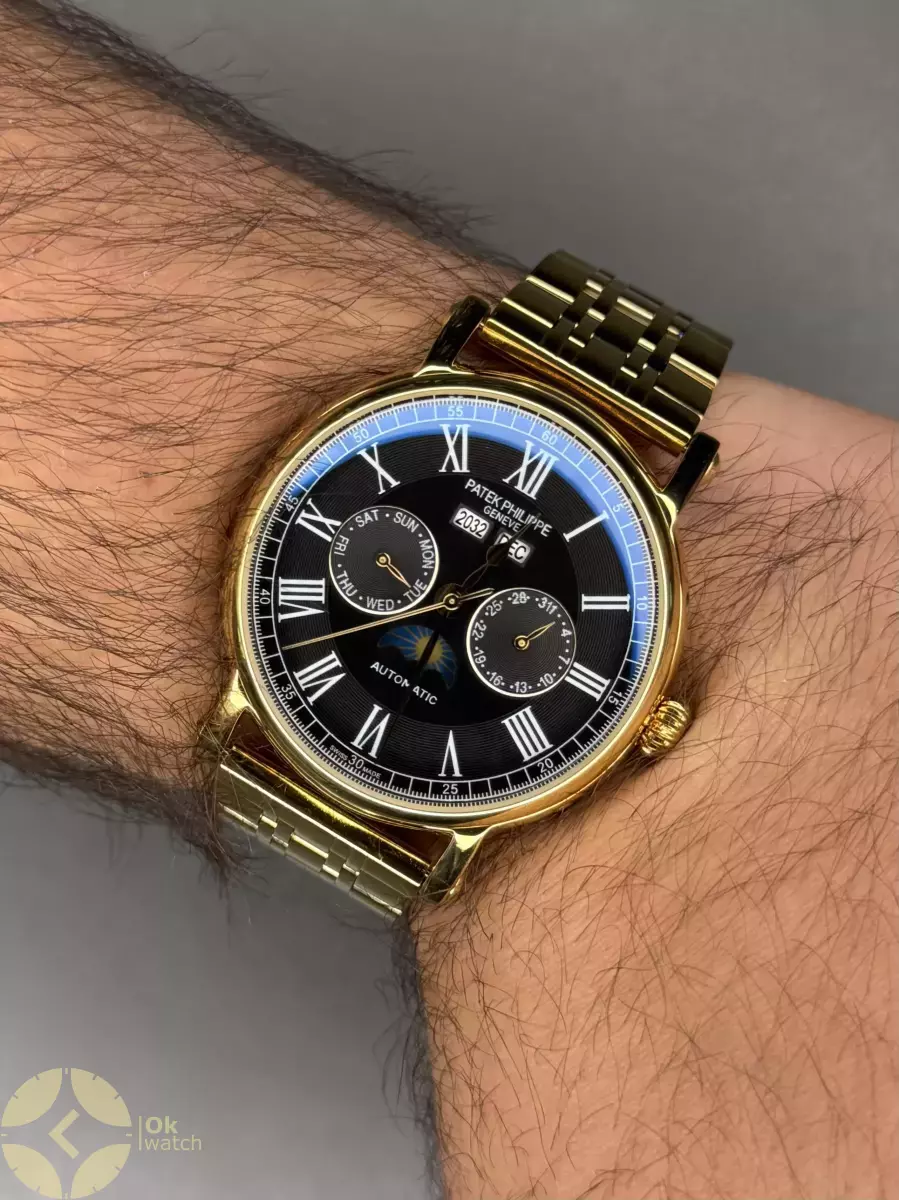 ساعت مچی پتک فیلیپ فول دیت بند طلایی صفحه مشکی Patek Philippe