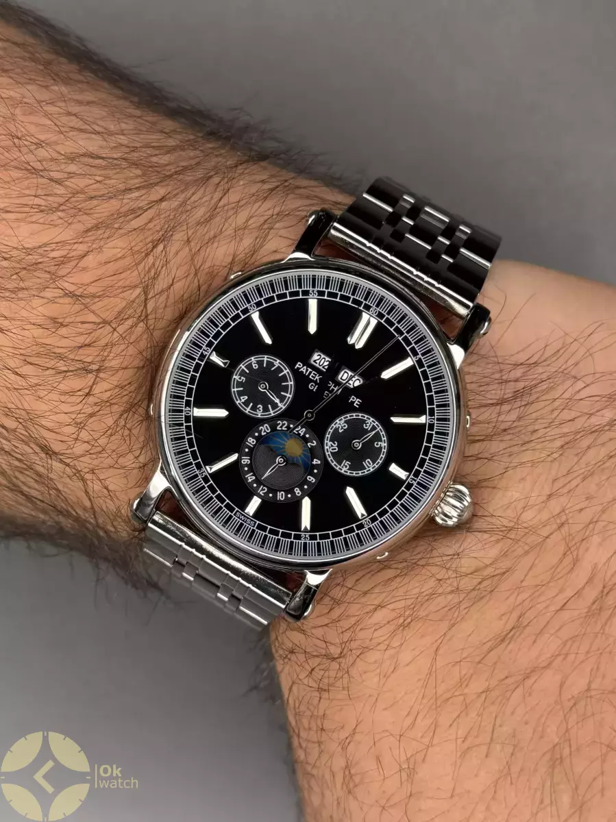 ساعت مچی پتک فیلیپ فول دیت بند سیلور صفحه مشکی Patek Philippe