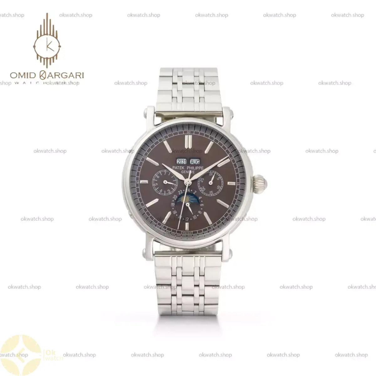 ساعت مچی پتک فیلیپ فول دیت بند سیلور صفحه قهوه ای Patek Philippe