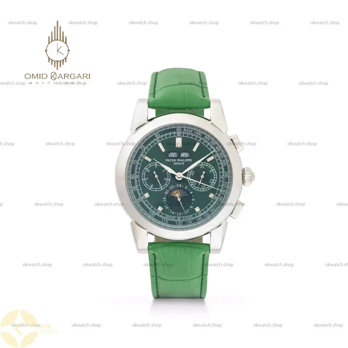 ساعت مچی پتک فیلیپ فول دیت بند چرمی سبز صفحه سبز Patek Philippe