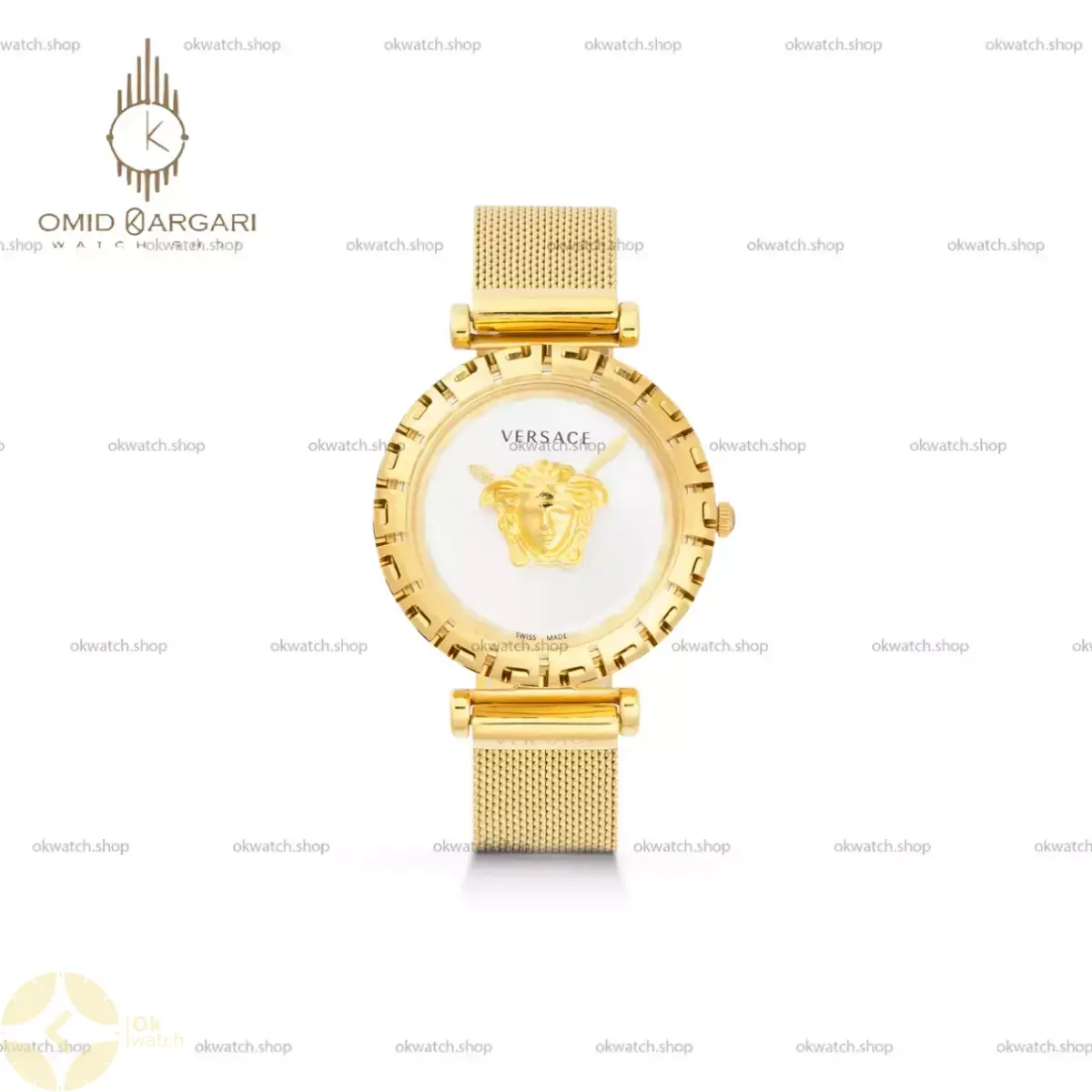 ساعت مچی ورساچه بند حصیری طلایی صفحه سفید Versace