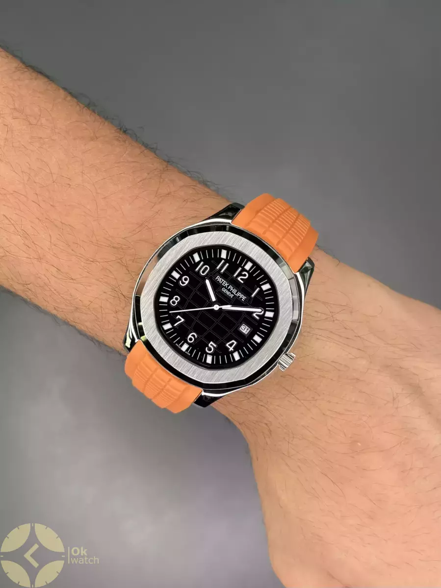 ساعت مچی پتک فیلیپ آکوانا بند رابر نارنجی صفحه مشکی Patek Philippe Aquanaut
