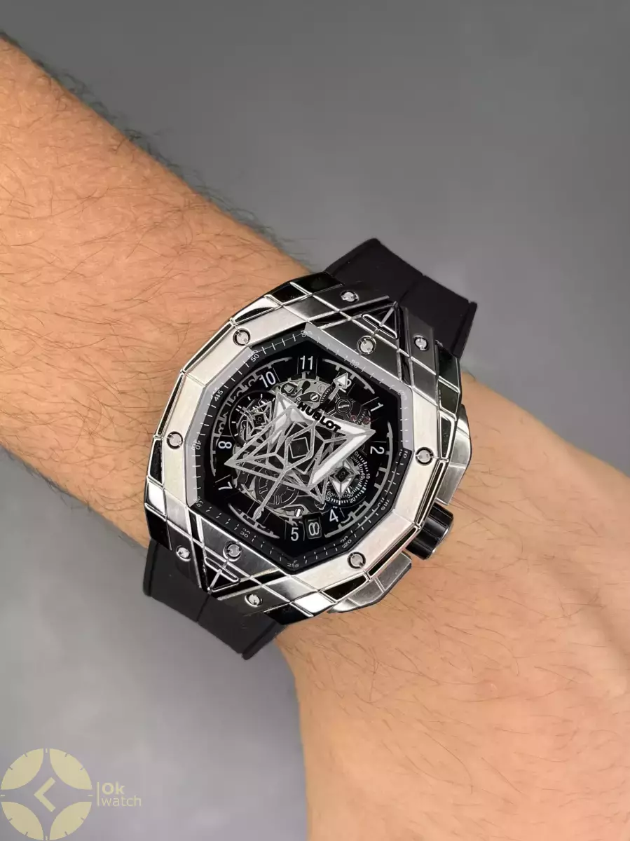 ساعت مچی اوبلو کهکشانی قاب نقره ای بند رابر مشکی Hublot Spirit of Big Bang Sang Bleu