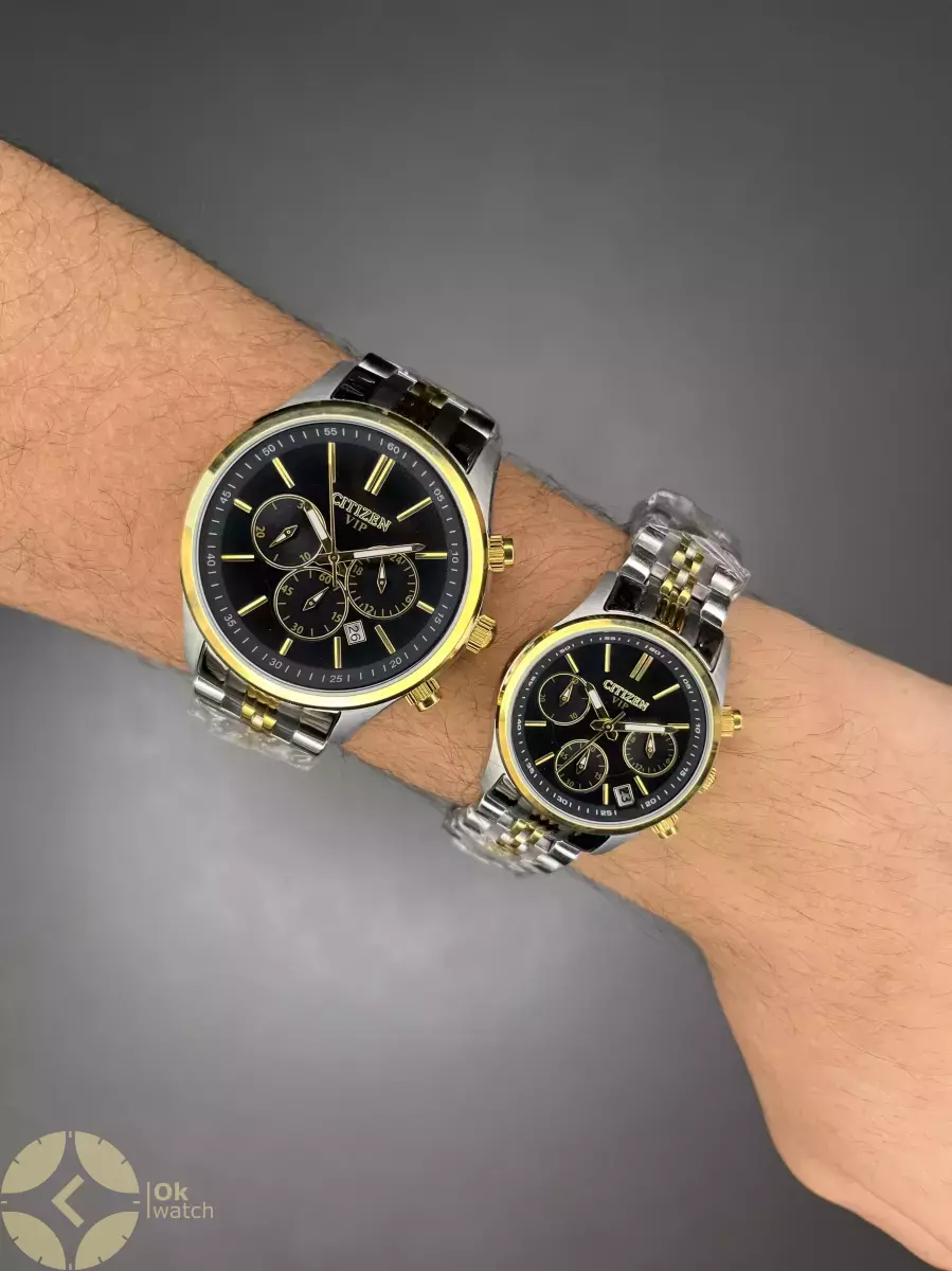 ساعت مچی سیتیزن کورنوگراف بند سیلورطلایی صفحه مشکی Citizen VIP