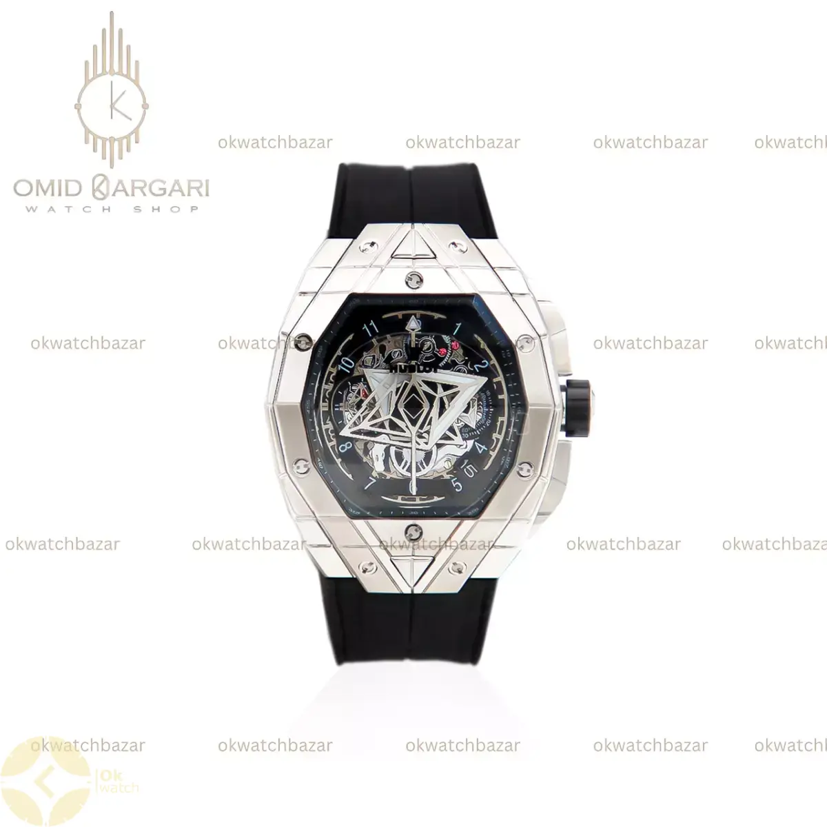ساعت مچی اوبلو کهکشانی قاب نقره ای بند رابر مشکی Hublot Spirit of Big Bang Sang Bleu
