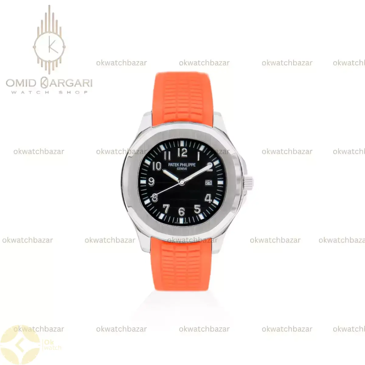 ساعت مچی پتک فیلیپ آکوانا بند رابر نارنجی صفحه مشکی Patek Philippe Aquanaut