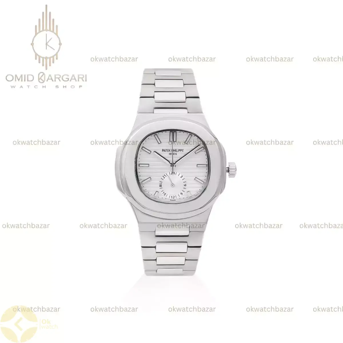 ساعت مچی پتک فیلیپ ناتیلوس زیرثانیه بند سیلور صفحه سفید Patek Philippe Nautilus