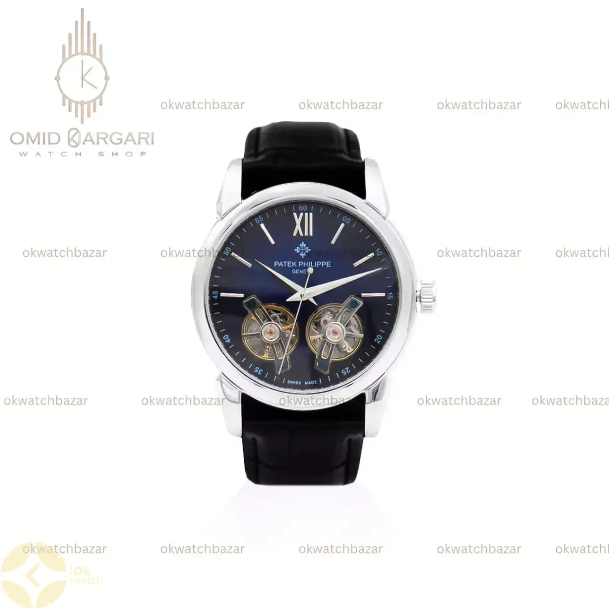 ساعت مچی پتک فیلیپ اتوماتیک دو توربین مشکی صفحه سرمه ای Patek Philippe