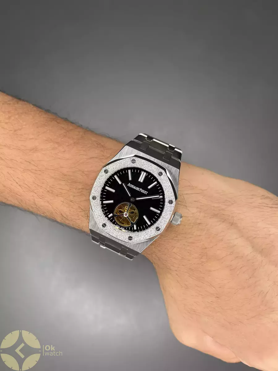 ساعت مچی اودمار پیگه اوپن هارت قاب شنی بدنه سیلور صفحه مشکی Audemars Piguet