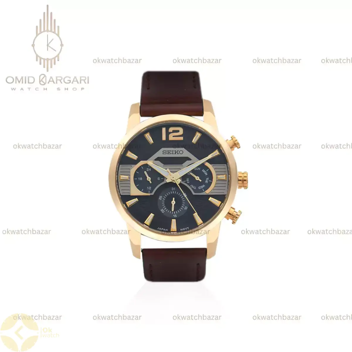 ساعت مچی سیکو فول دیت چرمی قهوه ای صفحه مشکی seiko