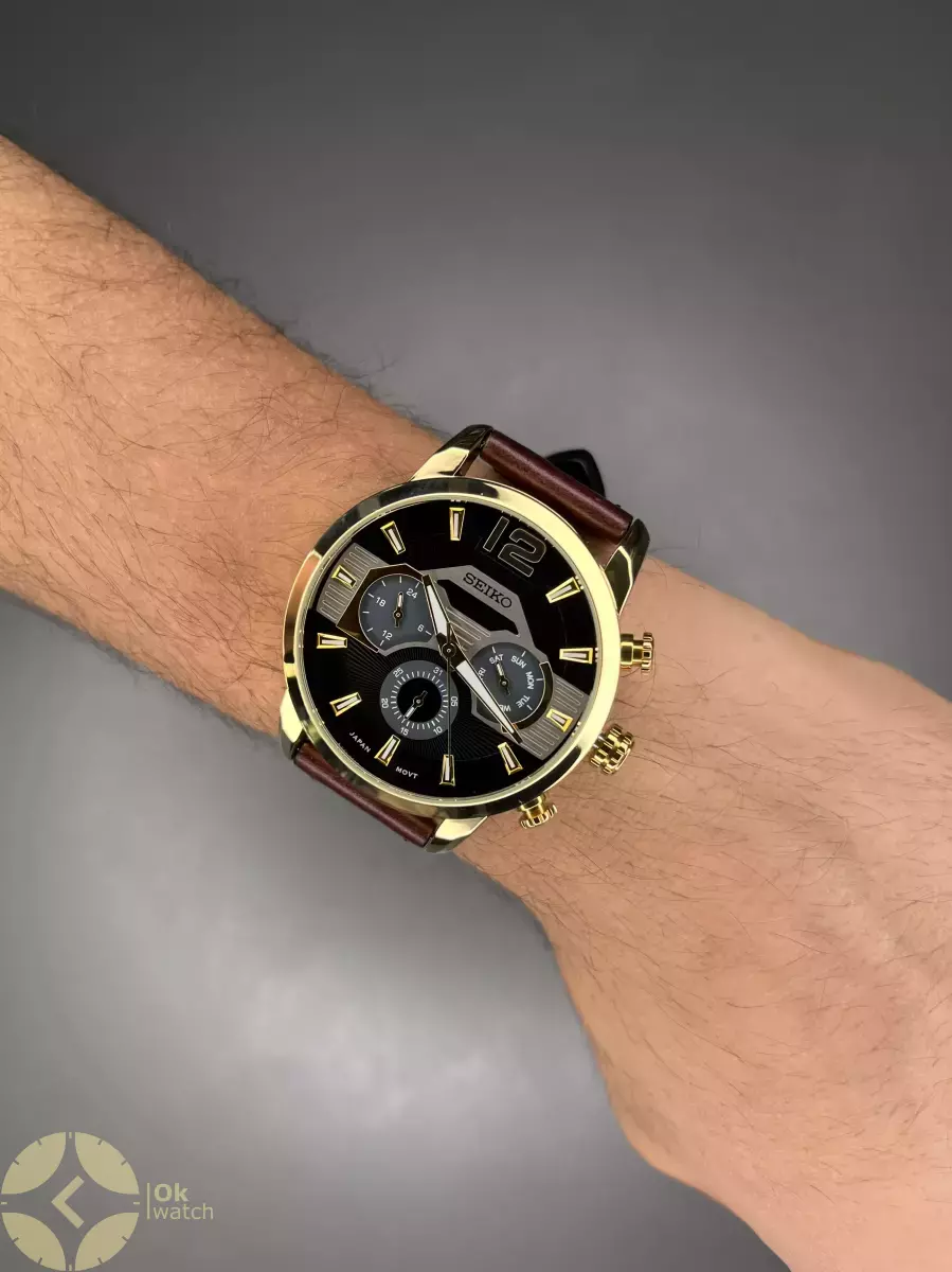 ساعت مچی سیکو فول دیت چرمی قهوه ای صفحه مشکی seiko