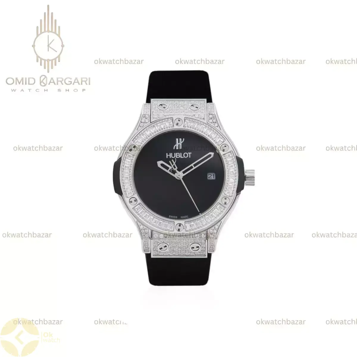 ساعت مچی اوبلو بند رابر صفحه مشکی قاب دور نگین Hublot Classic Fusion
