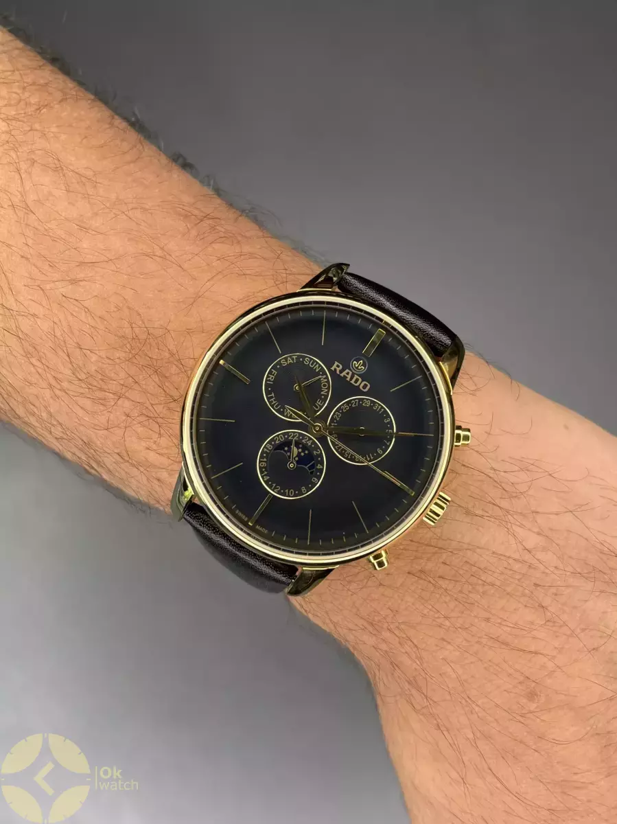 ساعت مچی رادو فول دیت بند چرمی مشکی قاب طلایی Rado