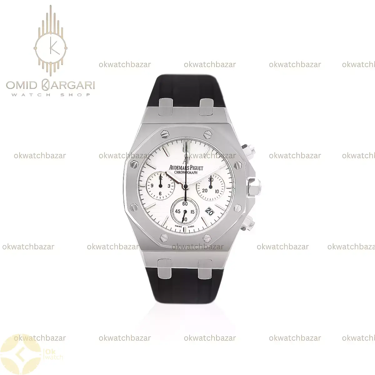ساعت مچی اودمار پیگه کرونوگراف بند رابر مشکی صفحه سفید Audemars Piguet