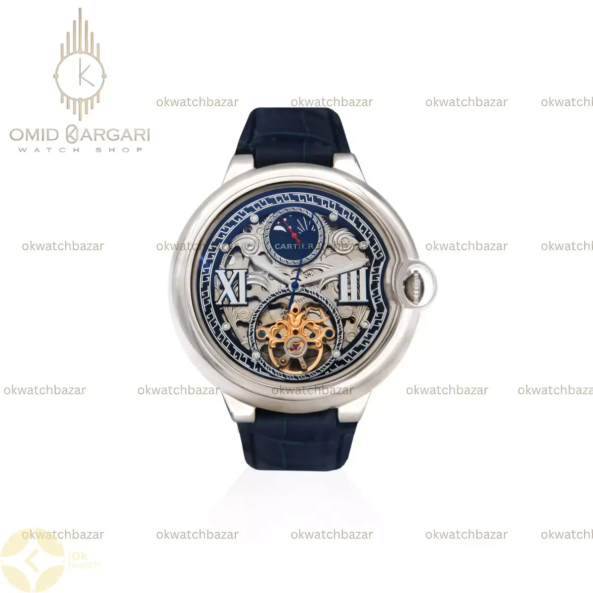 ساعت مچی کارتیه بلن بولو صفحه اسکلتون بند چرمی آبی Cartier Ballon Bleu