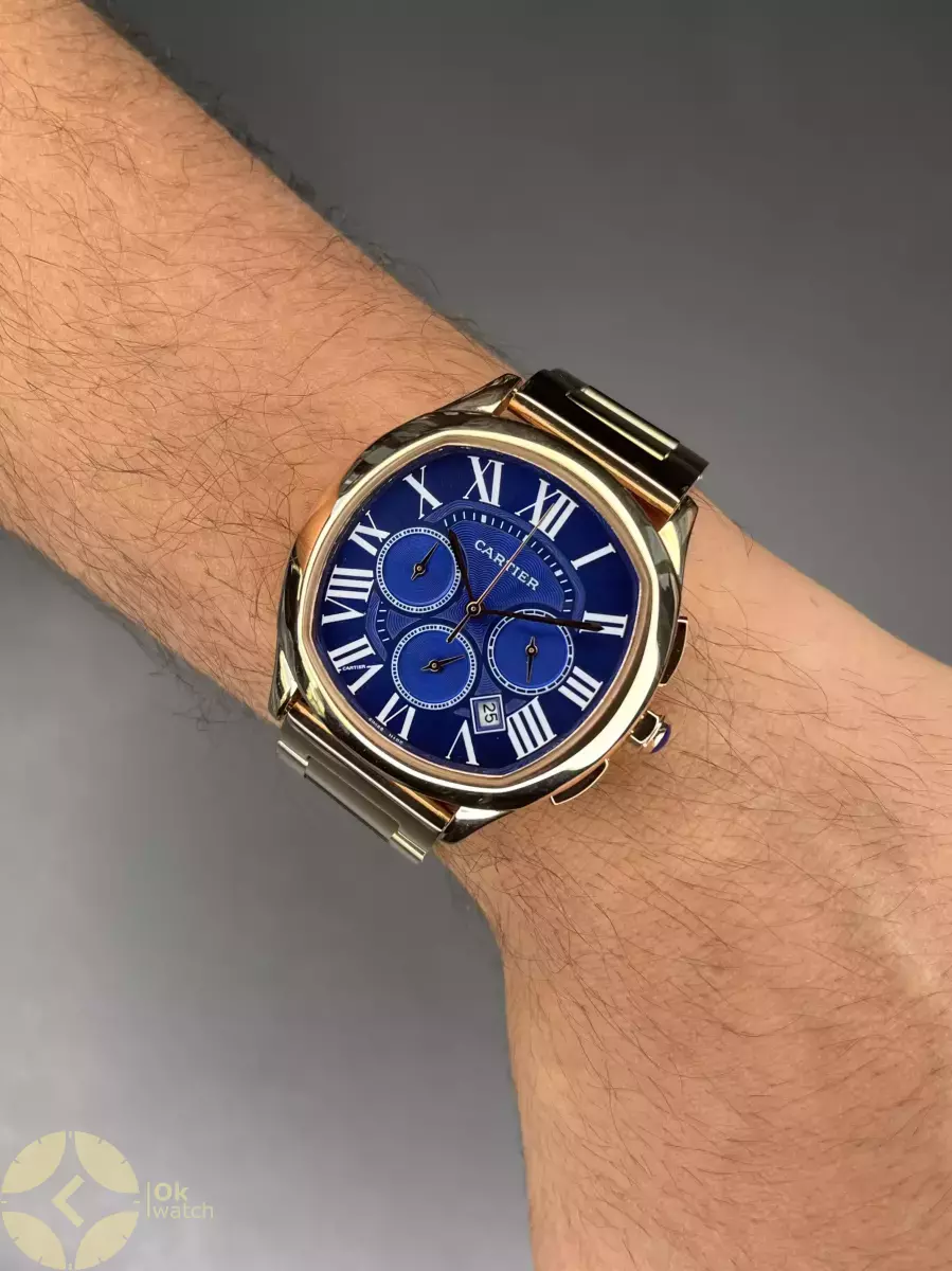 ساعت مچی کارتیه کورنوگراف بند فلزی رزگلد صفحه آبی Cartier