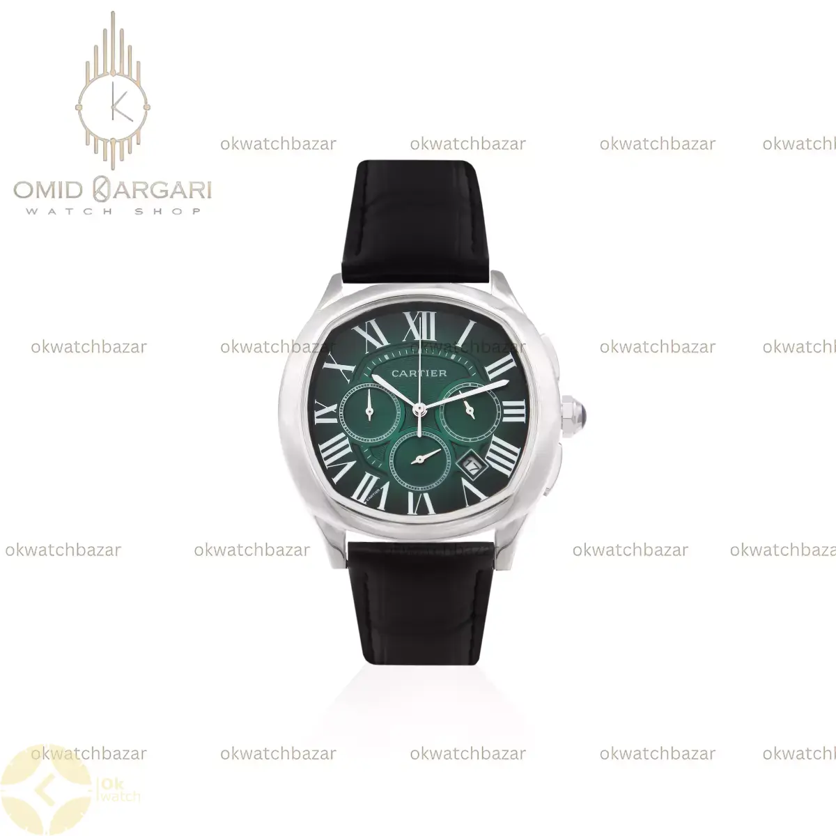 ساعت مچی کارتیه کرونوگراف بند چرمی مشکی صفحه سبز Cartier