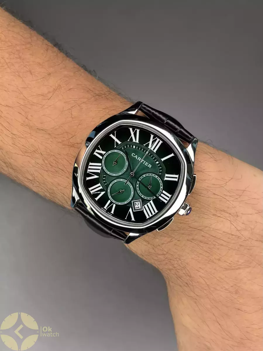 ساعت مچی کارتیه کورنوگراف بند چرمی مشکی صفحه سبز Cartier