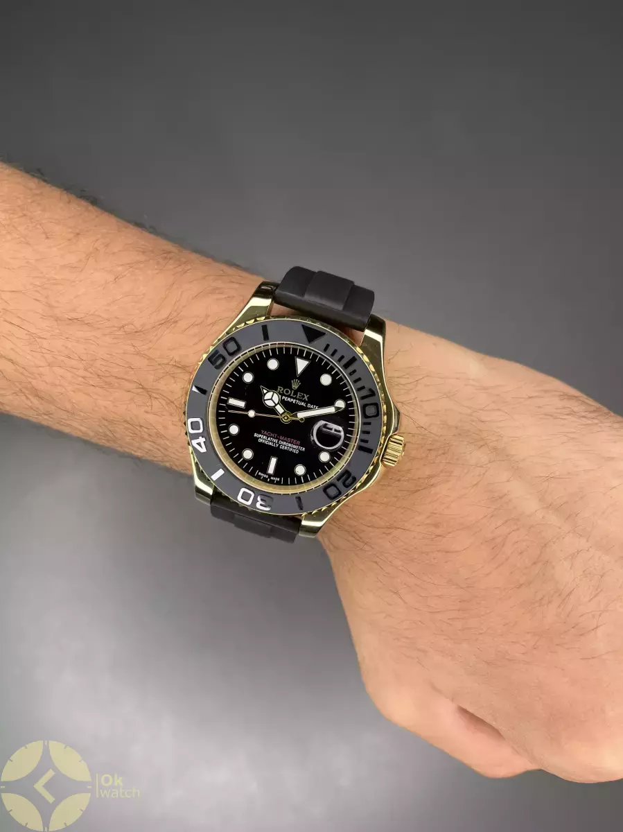 ساعت مچی رولکس یات مستر بند رابر مشکی قاب طلایی Rolex Yacht Master