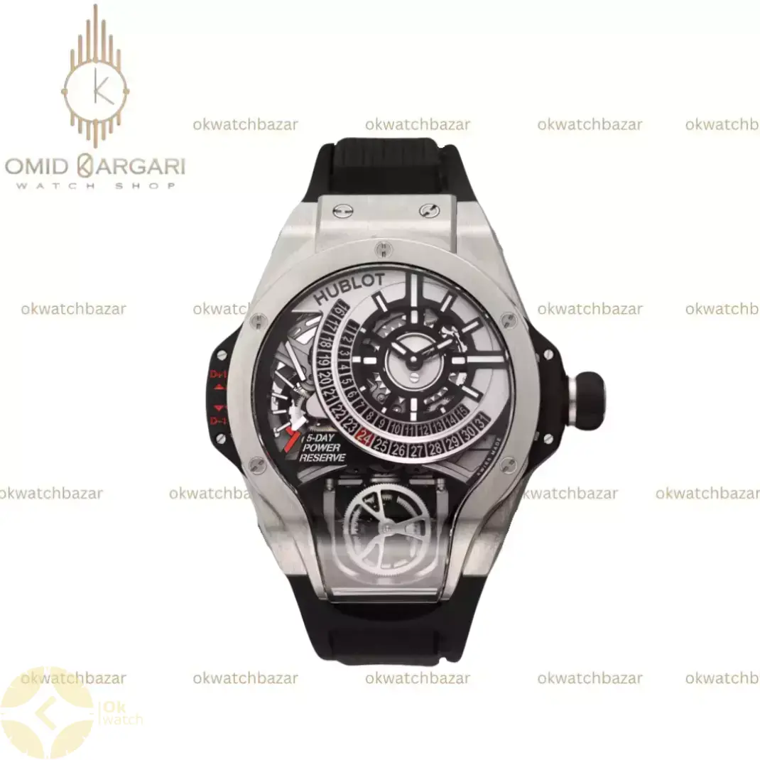 ساعت مچی اوبلو جمجمه‌ای قاب سیلور بند مشکی Hublot MP-09 Tourbillon silver